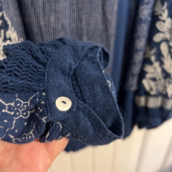 Free People Womens Indigo Dreams Tunic Embroidered Mesh Balloon Sleeves Boho XL - Picture 6 of 16